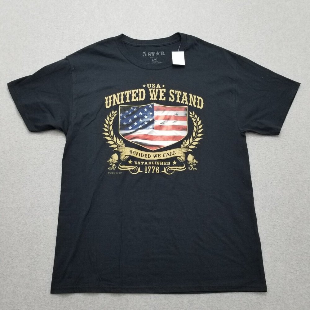 5 Star Shirt Mens Large Black Short Sleeve Crew‎ Neck USA Flag United We Stand